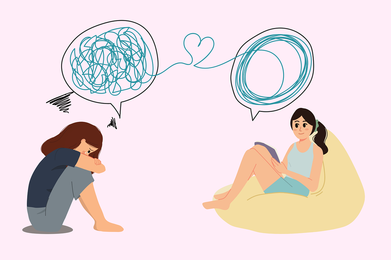 Two women communicate with tangled and clear speech bubbles connected by a heart.
